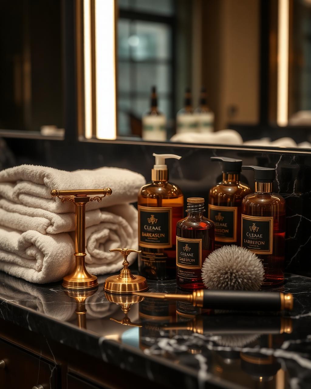 Brass grooming tools on a black marble counter